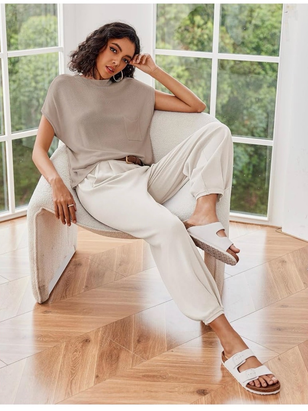 Casual Elastic Cuff High-Rise Lounge Pants - Beige - Picture 3 of 6